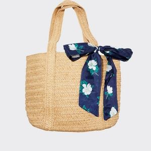 Draper James Straw Bag with Navy Floral Scarf Tie